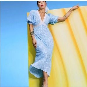 RIXO x Target Blue Floral Puff Sleeve Maxi Dress 2 Ditsy Blue Rayon Crepe